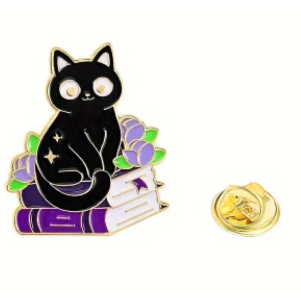 Black‎ Cat Book Lover Enamel Pin Brooch Cute Kitten Stack of Books Flowers